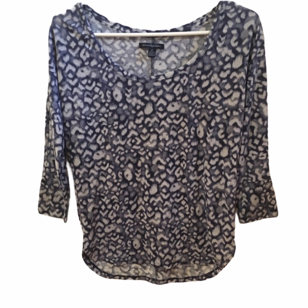 American Eagle Sheer Animal Print Top XS Blue Gray 3/4 Sleeve Relaxed Fit